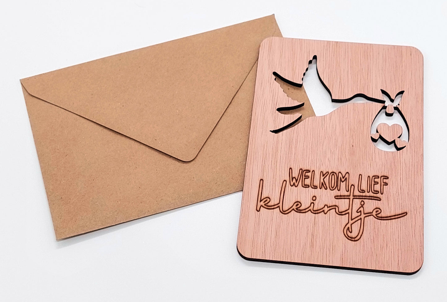 Houten felicitatiekaart geboorte - luxe houten geboortekaart - welkom lief kleintje - babykaart met envelop