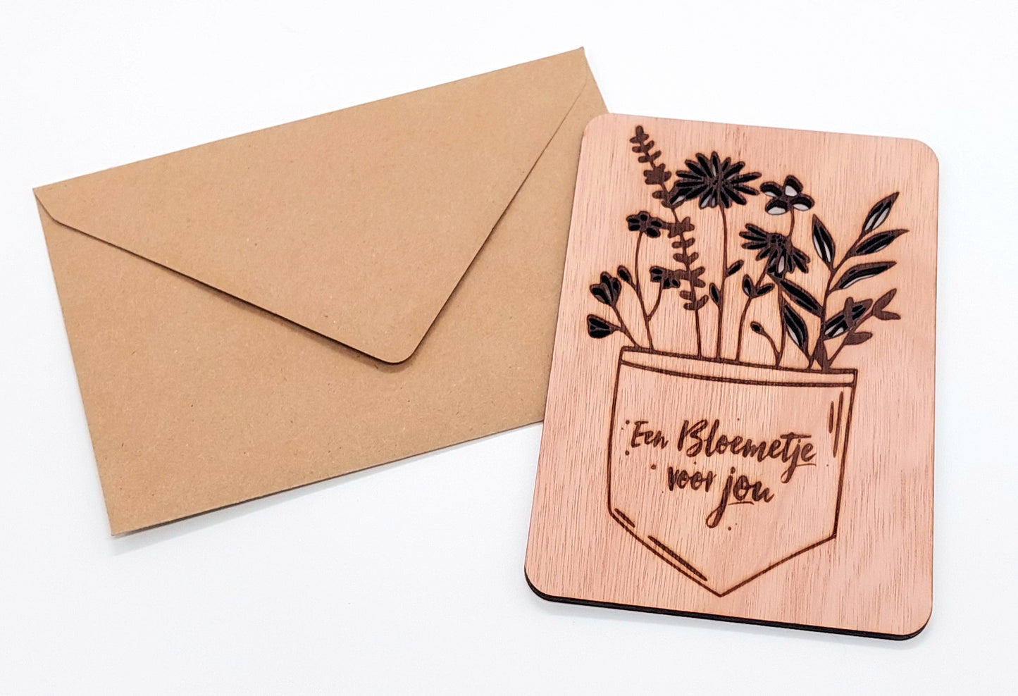 Houten bloemetjeskaart - beterschapskaart - bedanktkaart met envelop - luxe wenskaart