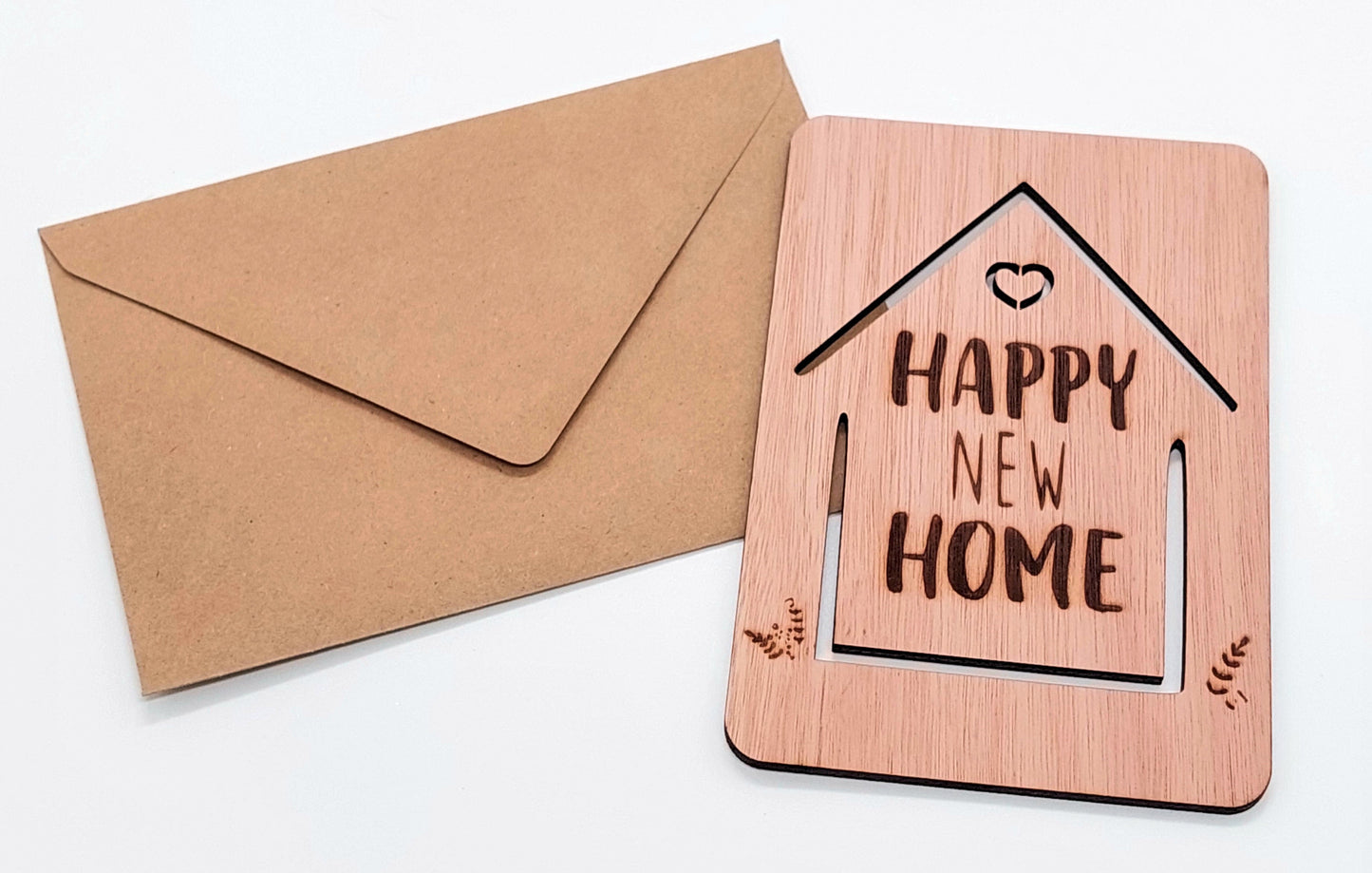 Houten nieuwe woning kaart - happy new home - wenskaart - Luxe nieuwe woning kaart met envelop