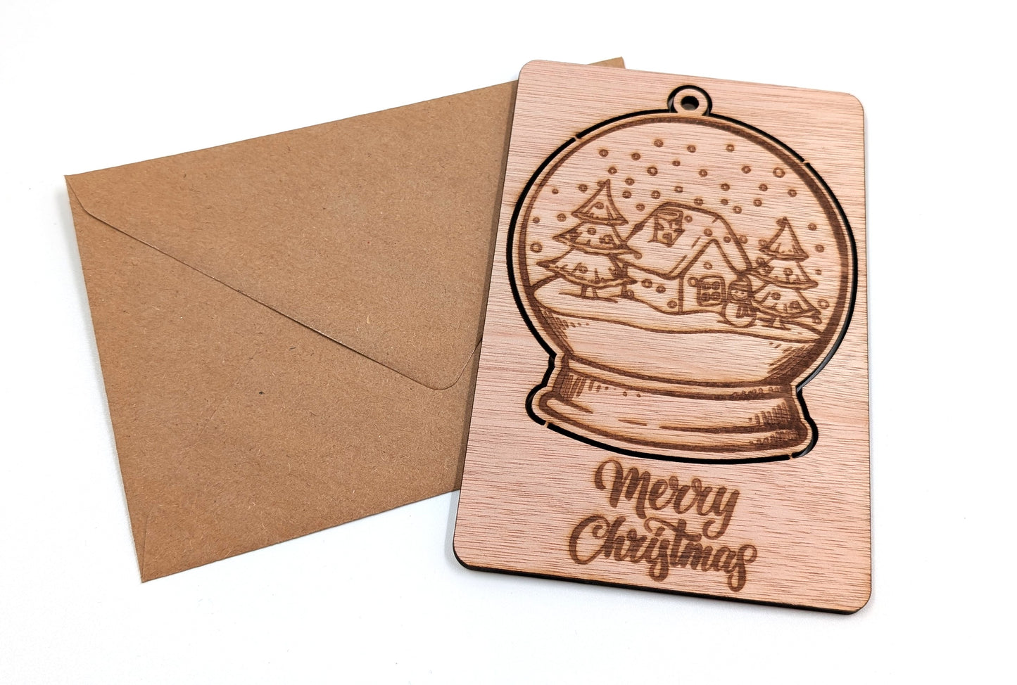 Houten kerstkaart - Uitdrukbare sneeuwbol - kerstkaarten - kerstkaarten met envelop - luxe kerstkaarten