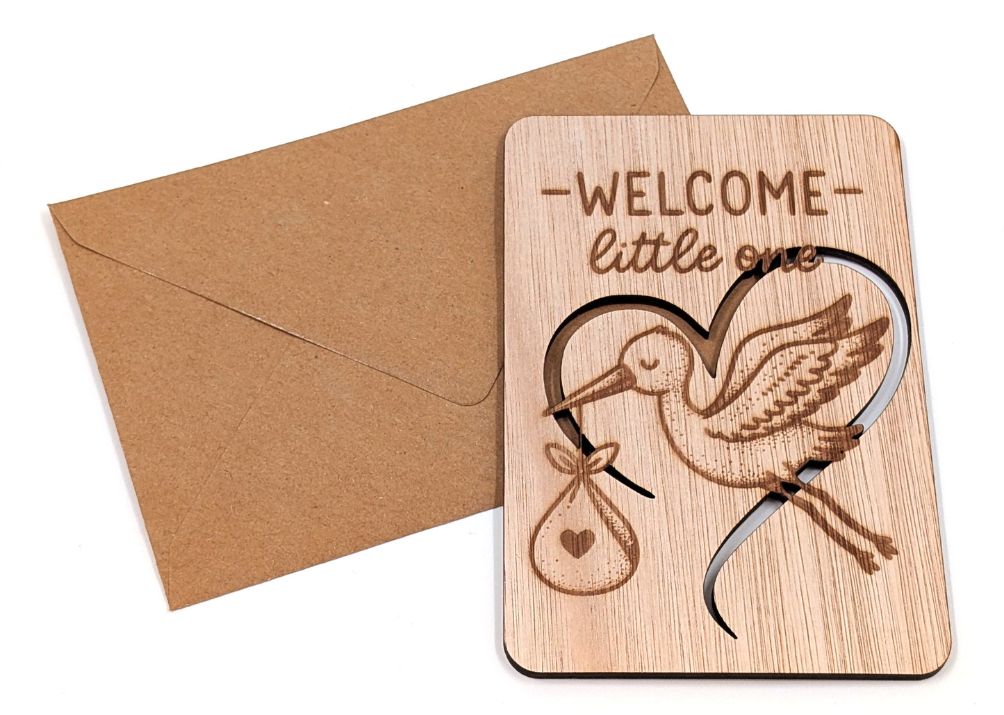 Luxe houten geboortekaart – Welcome Little One – originele felicitatiekaart geboorte – duurzame houten kaart met envelop