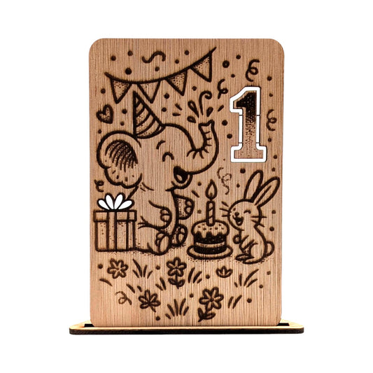 Houten Verjaardagskaart - 1 Jaar - Olifantje