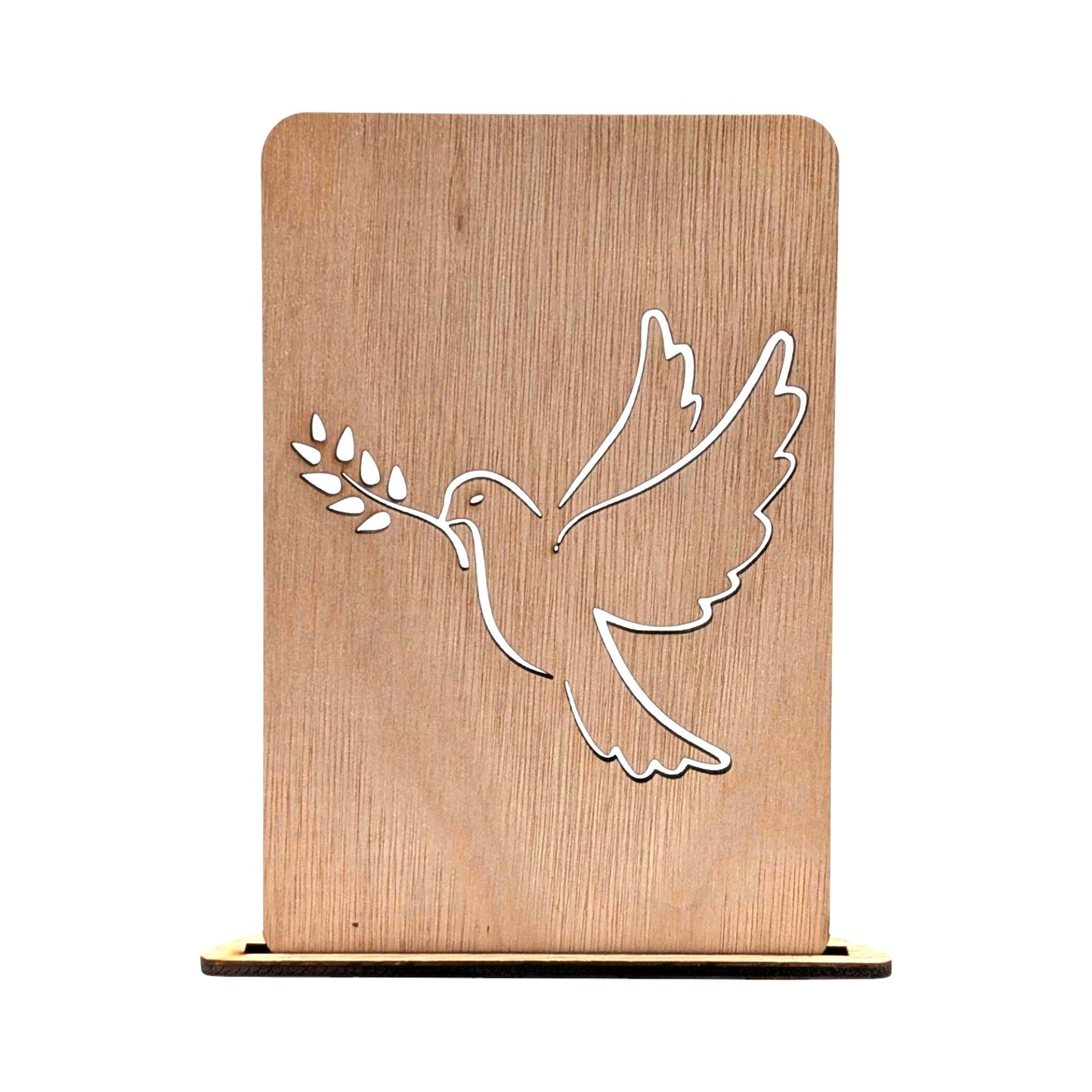 Houten condoleancekaart met een minimalistische uitsnede van een vliegende duif met olijftak op een houten voetje.