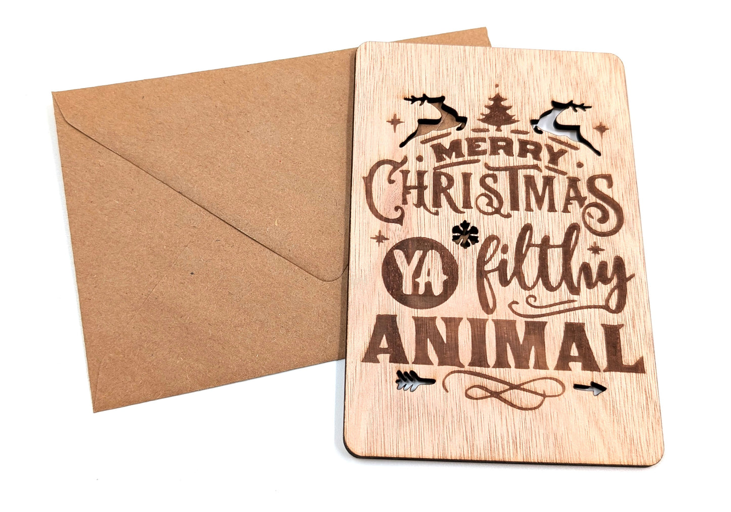Houten kerstkaart - Merry christmas you filthy animal - kerstkaarten - kerstkaarten met envelop - luxe kerstkaarten