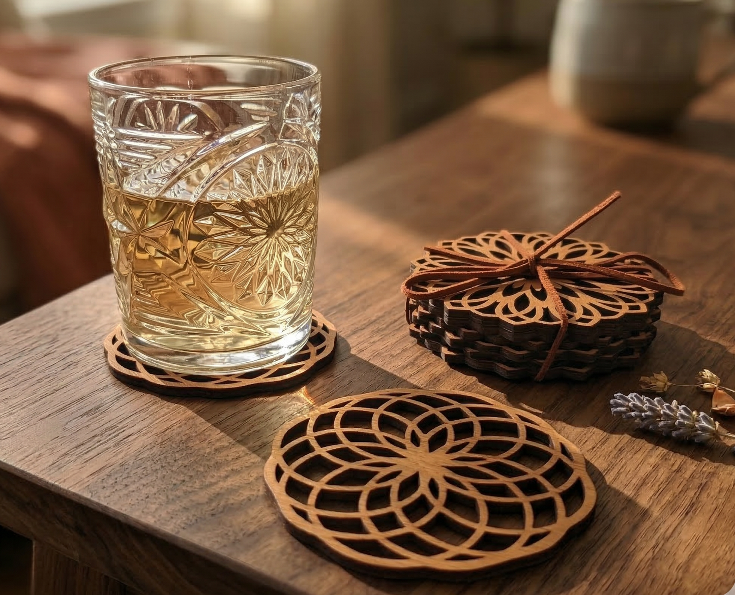 Set van 6 Houten Onderzetters – Geometrische Collectie (3 designs)