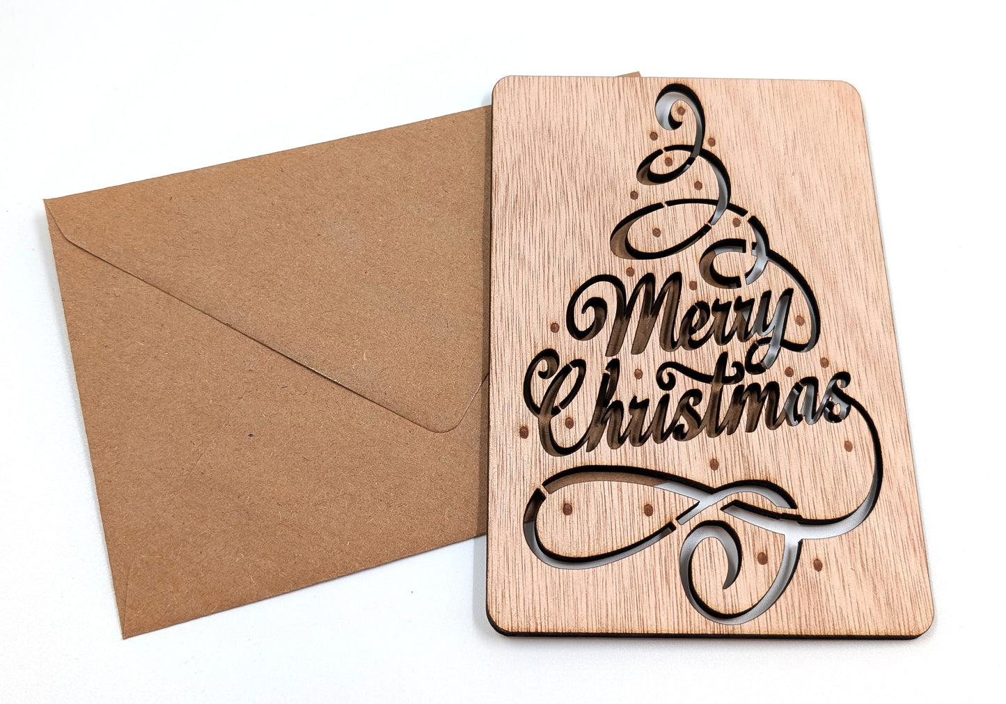 Houten kerstkaart – Merry Christmas kerstboom – boom uitsnede – kerstkaart met envelop – luxe kerstkaarten