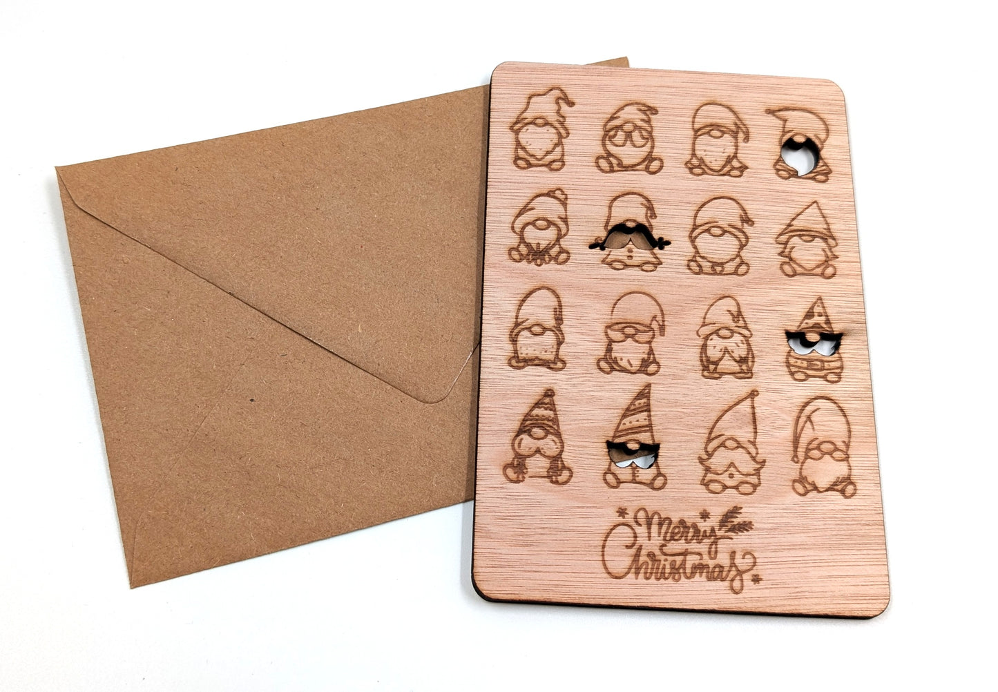 Houten kerstkaart - Kleine kerstmannetjes - kerstkaarten - kerstkaarten met envelop - luxe kerstkaarten