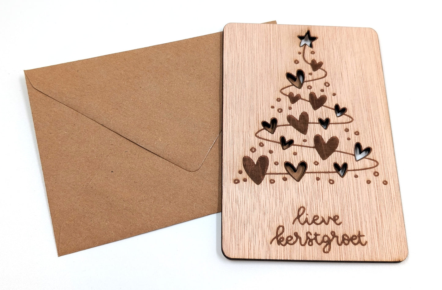 Houten kerstkaart - Liefdevolle kerstboom - kerstkaarten - kerstkaarten met envelop - luxe kerstkaarten