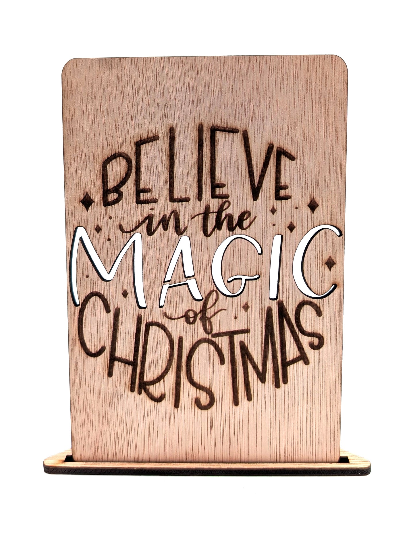 Houten kerstkaart – Believe in the Magic of Christmas – tekst uitsnede – kerstkaart met envelop – luxe kerstkaarten