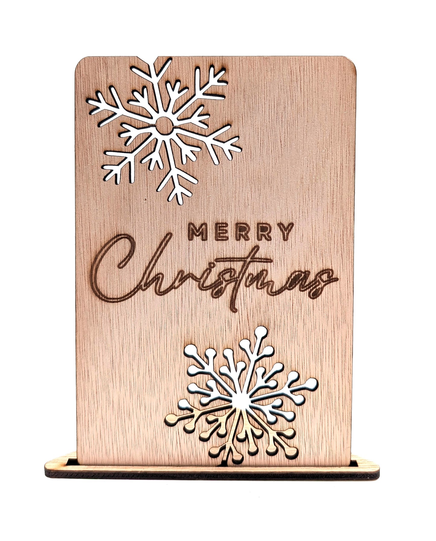 Houten kerstkaart – Merry Christmas sneeuwvlokken – sneeuwvlok uitsnede – kerstkaart met envelop – luxe kerstkaarten