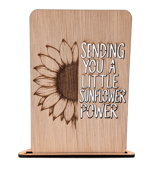 Luxe houten kaart – zonnebloem – “Sending you a little sunflower power” – sterkte of beterschapskaart – duurzame wenskaart met envelop