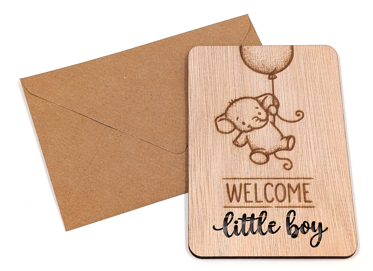 Luxe houten geboortekaart jongen – Welcome Little Boy – originele felicitatiekaart geboorte – duurzame houten kaart met envelop