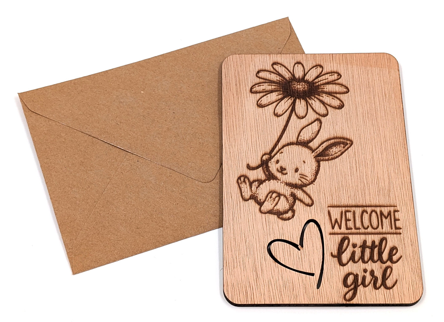 Luxe houten geboortekaart meisje – Welcome Little Girl – originele felicitatiekaart geboorte – duurzame houten kaart met envelop