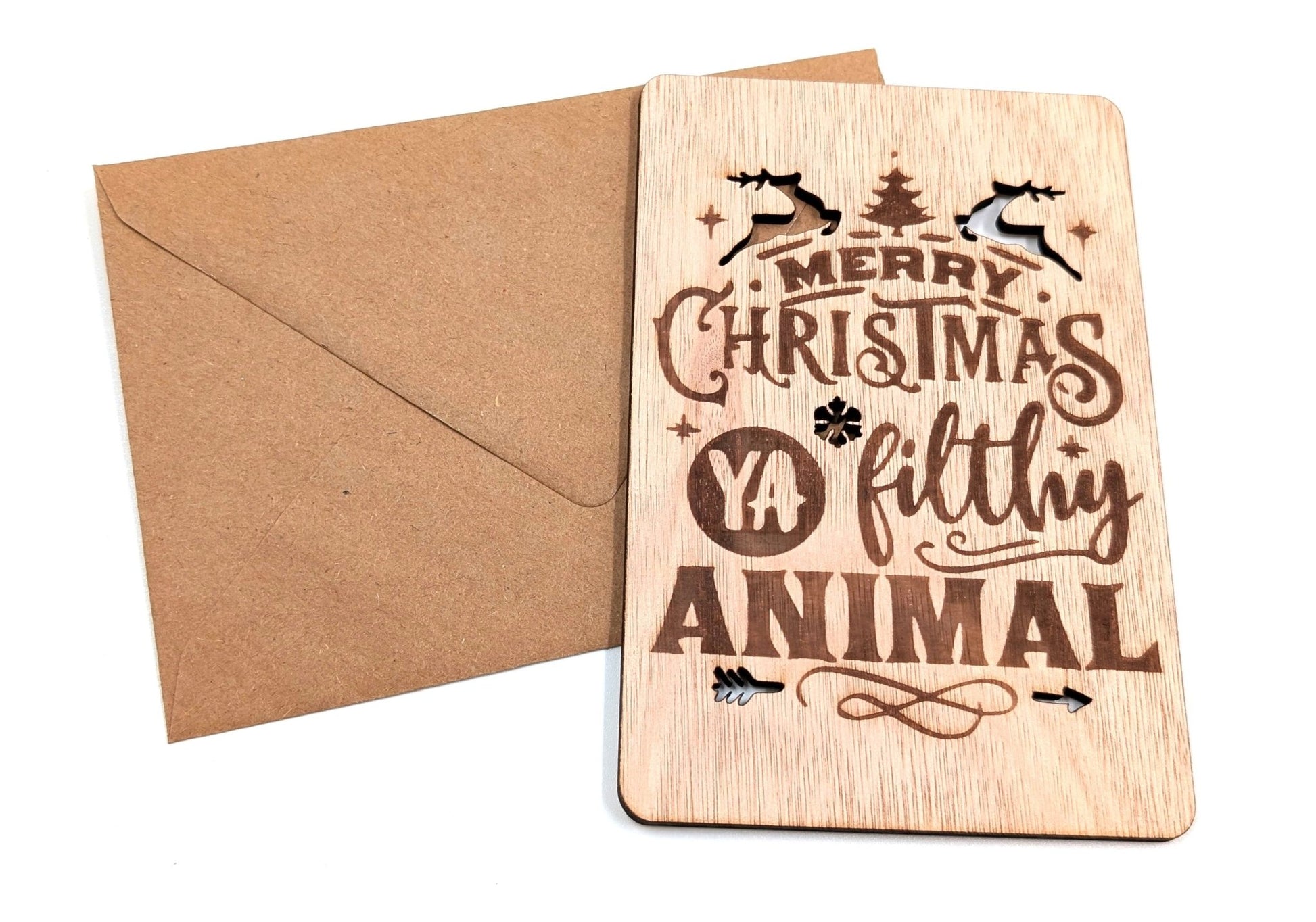 Houten Kerstkaart - Merry Christmas You Filthy Animal - Vilewoods
