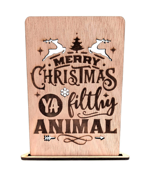 Houten Kerstkaart - Merry Christmas You Filthy Animal - Vilewoods
