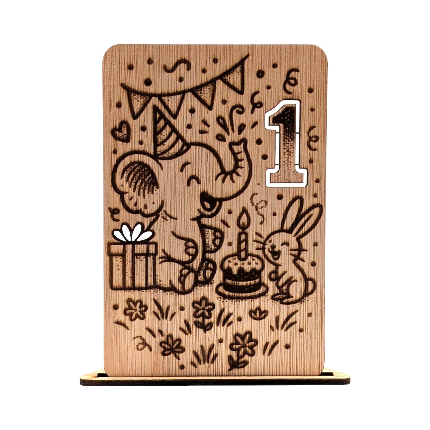 Houten Verjaardagskaart - 1 Jaar - Olifantje - Vilewoods