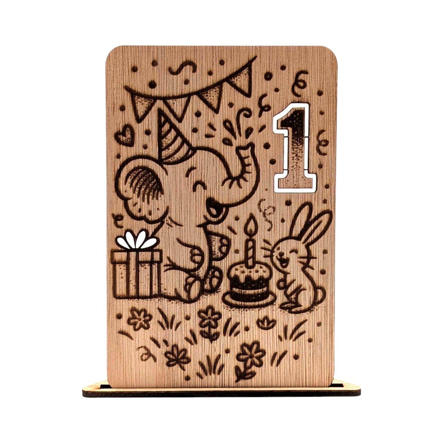 Houten Verjaardagskaart - 1 Jaar - Olifantje - Vilewoods