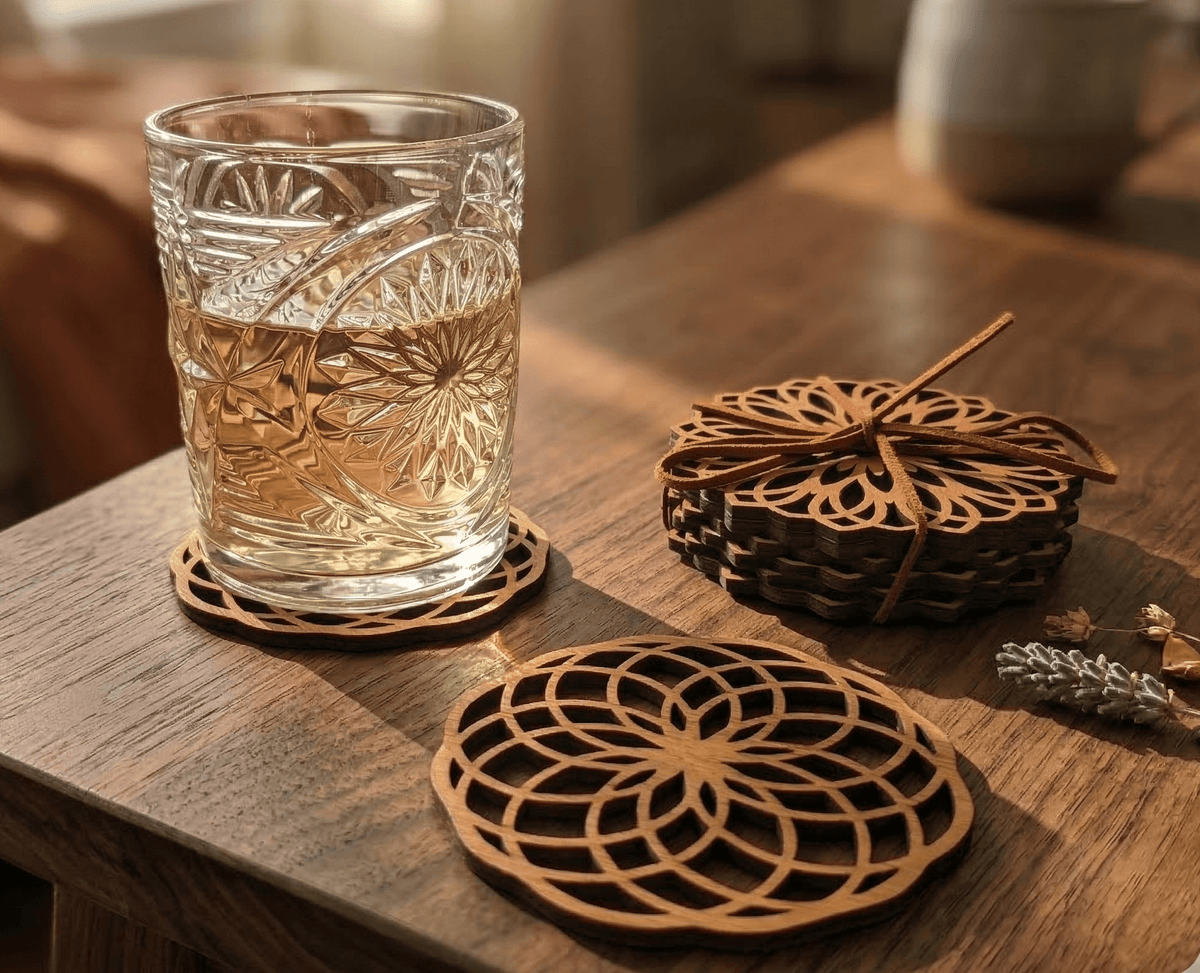Set van 6 Houten Onderzetters – Geometrische Collectie (3 designs) - Vilewoods