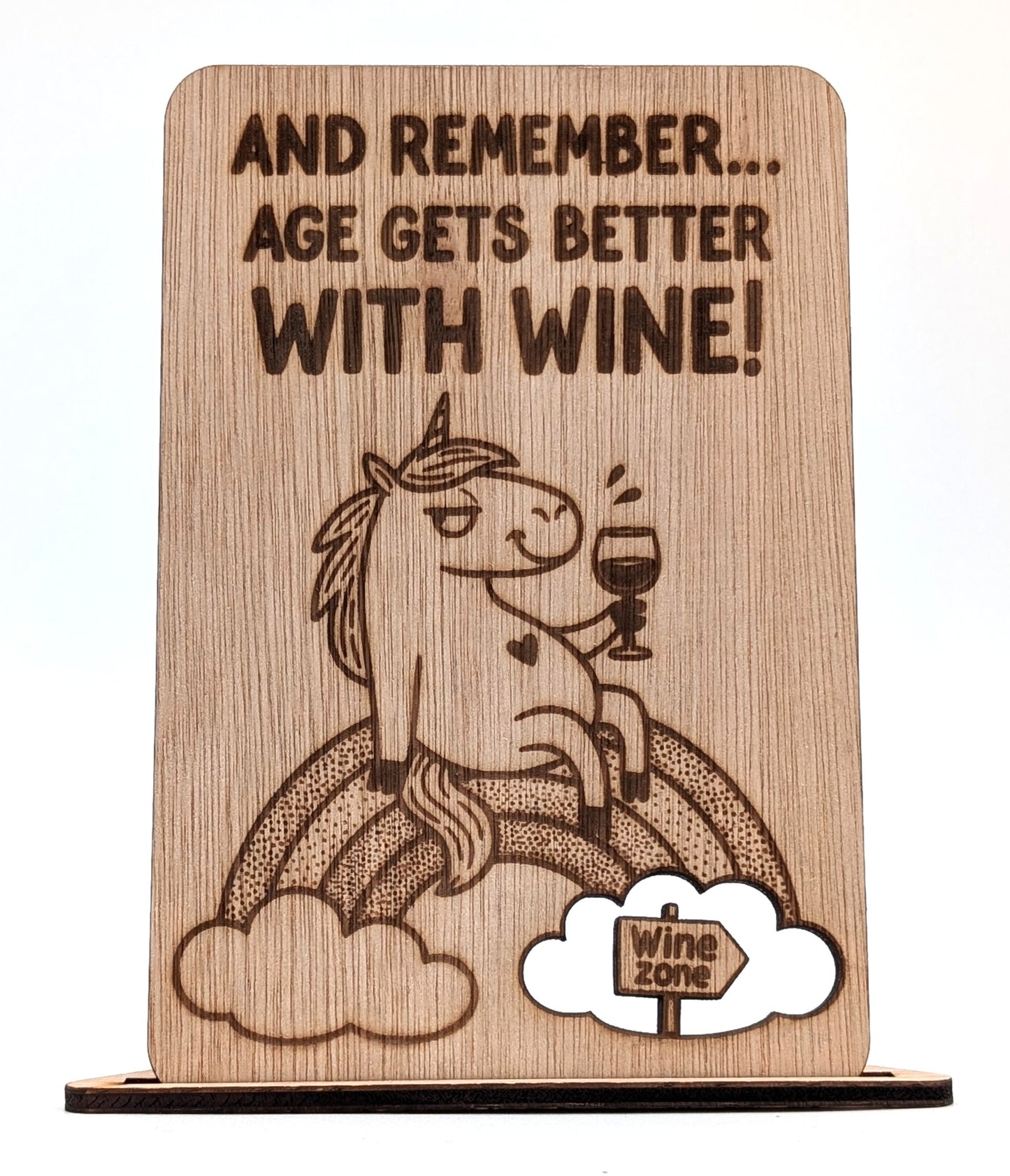 Luxe houten verjaardagskaart – grappige kaart met wijn en eenhoorn – originele humor felicitatiekaart – duurzame houten kaart met envelop